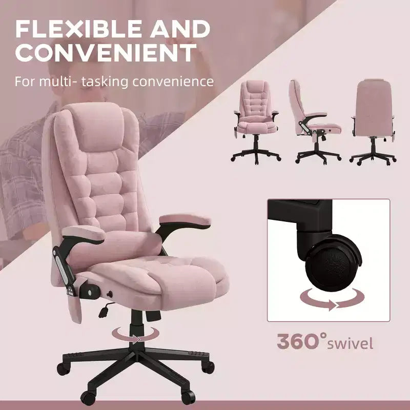 HOMCOM Fauteuil de Bureau de Massage Vibratoire à 6 Points Chauffant, Fauteuil de Bureau de Direction à Dossier Haut en Velours avec Dossier Inclinable, Accoudoirs