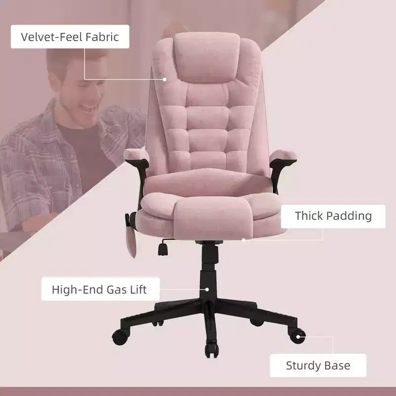 HOMCOM Fauteuil de Bureau de Massage Vibratoire à 6 Points Chauffant, Fauteuil de Bureau de Direction à Dossier Haut en Velours avec Dossier Inclinable, Accoudoirs
