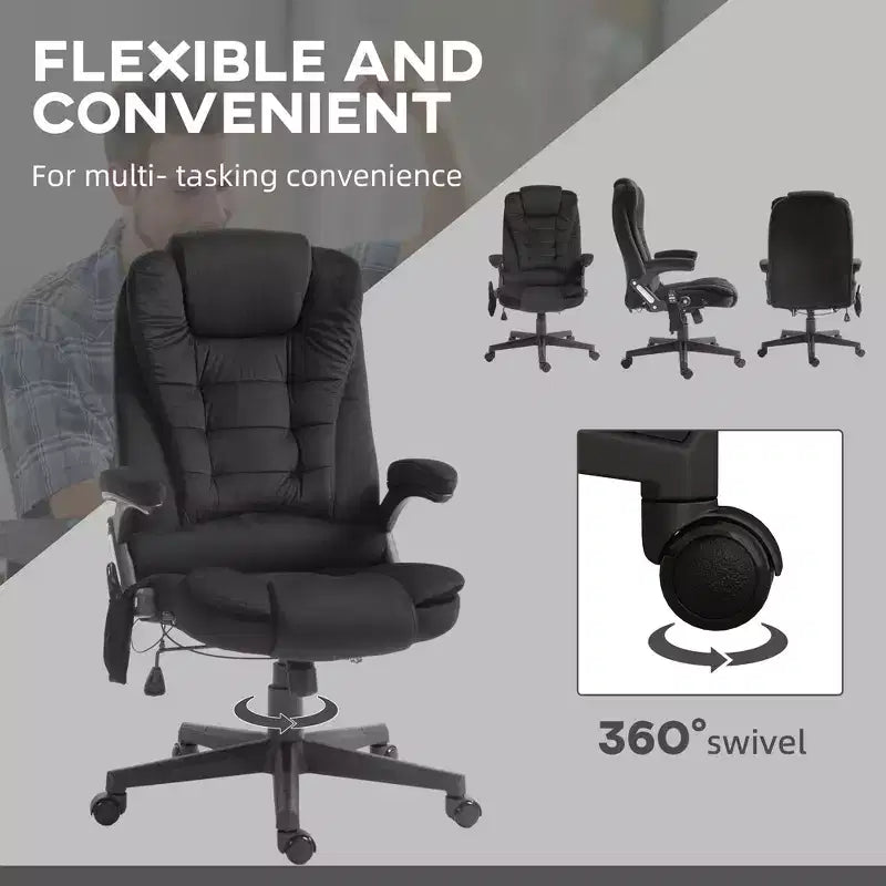 HOMCOM Fauteuil de Bureau de Massage Vibratoire à 6 Points Chauffant, Fauteuil de Bureau de Direction à Dossier Haut en Velours avec Dossier Inclinable, Accoudoirs