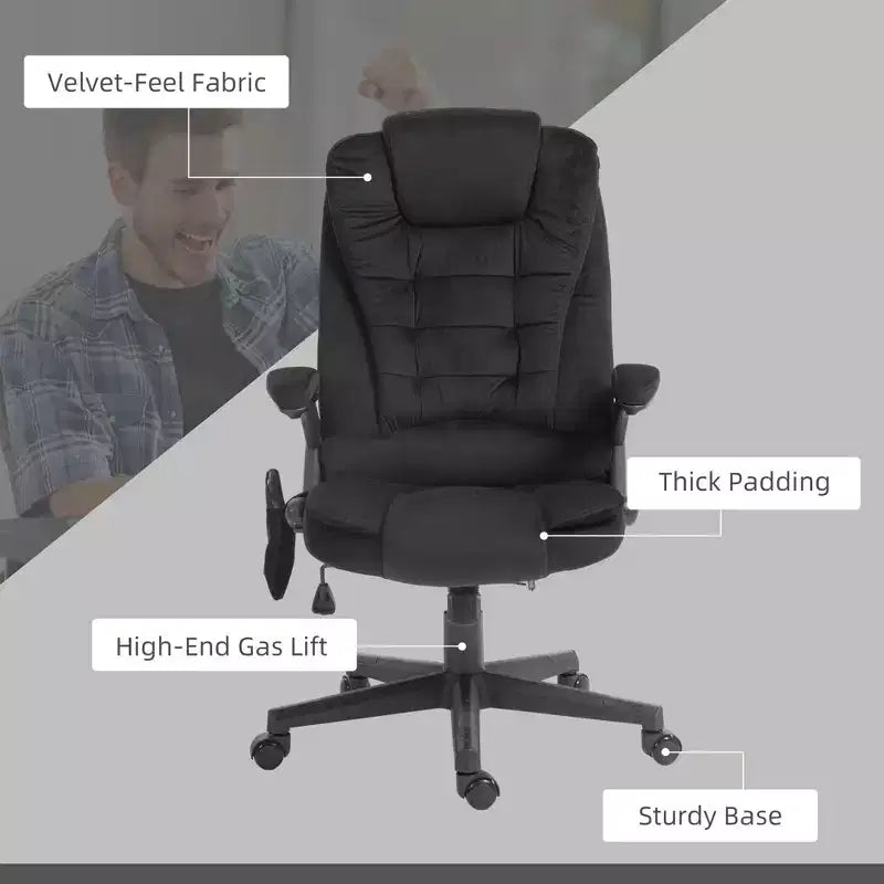 HOMCOM Fauteuil de Bureau de Massage Vibratoire à 6 Points Chauffant, Fauteuil de Bureau de Direction à Dossier Haut en Velours avec Dossier Inclinable, Accoudoirs