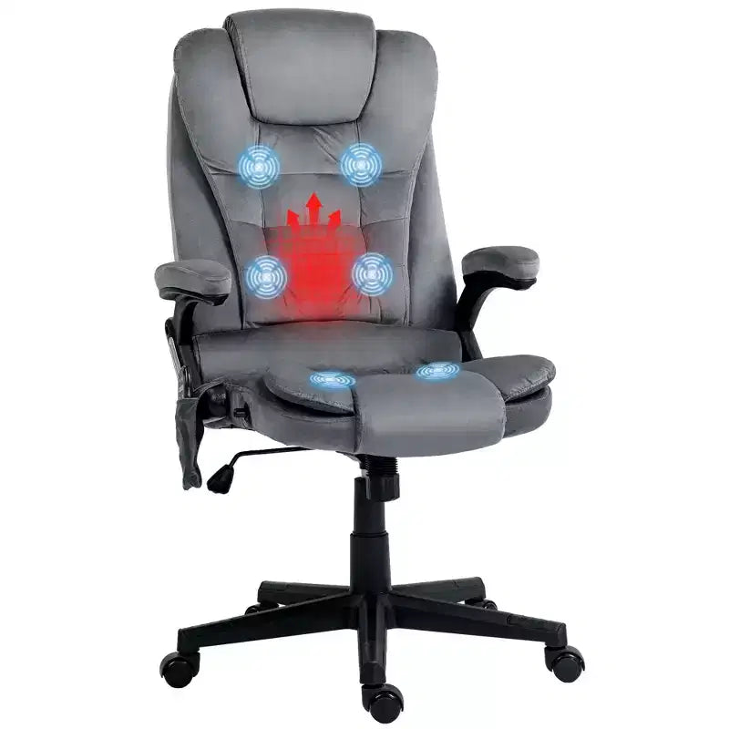 HOMCOM Fauteuil de Bureau de Massage Vibratoire à 6 Points Chauffant, Fauteuil de Bureau de Direction à Dossier Haut en Velours avec Dossier Inclinable, Accoudoirs