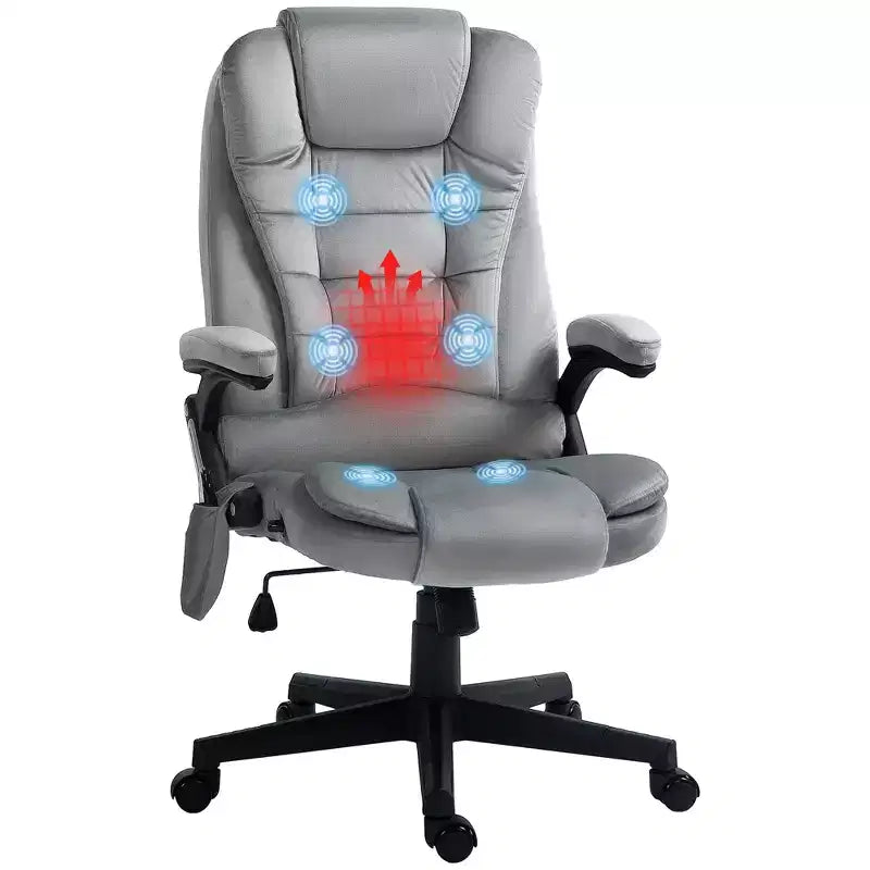 HOMCOM Fauteuil de Bureau de Massage Vibratoire à 6 Points Chauffant, Fauteuil de Bureau de Direction à Dossier Haut en Velours avec Dossier Inclinable, Accoudoirs