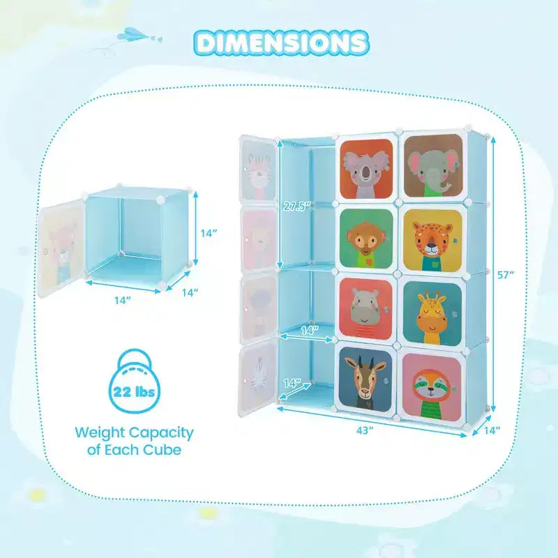 Costway Armoire pour enfants à 12 cubes, Commode pour bébé, Placard de chambre à coucher avec porte, Bleu/Rose