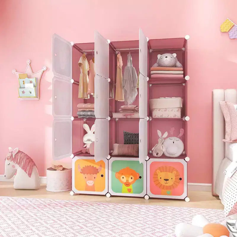 Costway Armoire pour enfants à 12 cubes, Commode pour bébé, Placard de chambre à coucher avec porte, Bleu/Rose