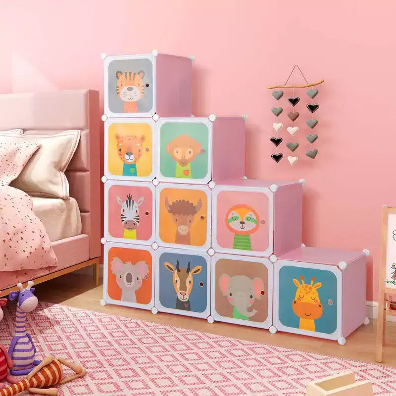 Costway Armoire pour enfants à 12 cubes, Commode pour bébé, Placard de chambre à coucher avec porte, Bleu/Rose