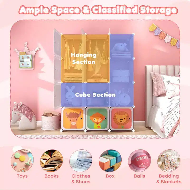 Costway Armoire pour enfants à 12 cubes, Commode pour bébé, Placard de chambre à coucher avec porte, Bleu/Rose