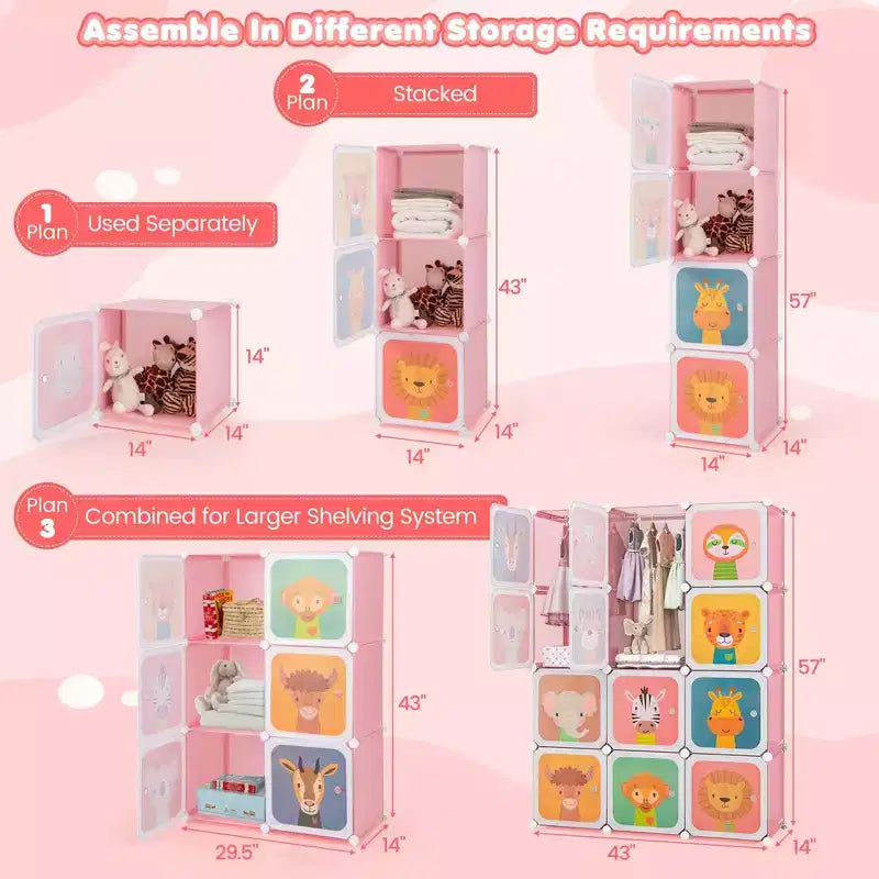 Costway Armoire pour enfants à 12 cubes, Commode pour bébé, Placard de chambre à coucher avec porte, Bleu/Rose