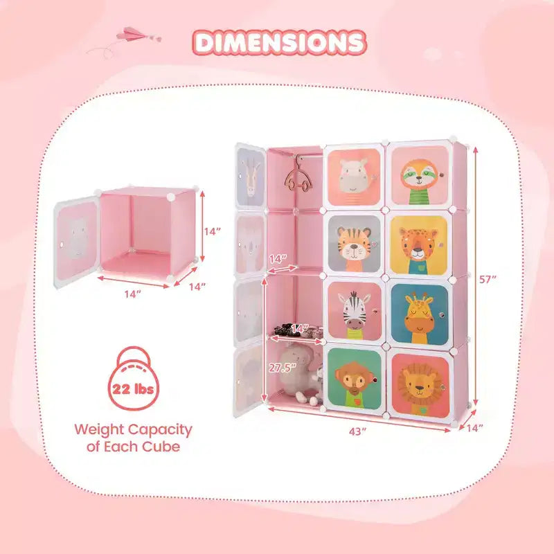 Costway Armoire pour enfants à 12 cubes, Commode pour bébé, Placard de chambre à coucher avec porte, Bleu/Rose