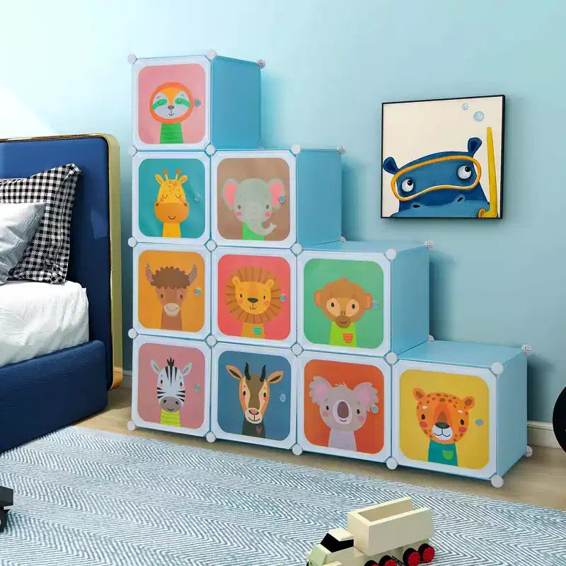 Costway Armoire pour enfants à 12 cubes, Commode pour bébé, Placard de chambre à coucher avec porte, Bleu/Rose