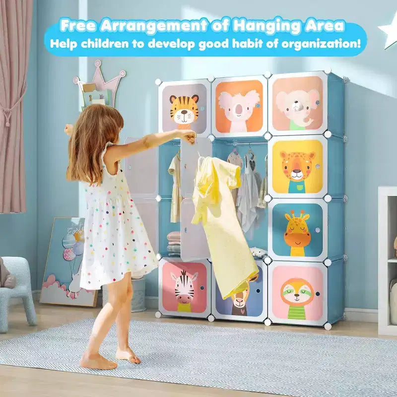 Costway Armoire pour enfants à 12 cubes, Commode pour bébé, Placard de chambre à coucher avec porte, Bleu/Rose