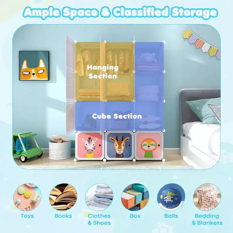 Costway Armoire pour enfants à 12 cubes, Commode pour bébé, Placard de chambre à coucher avec porte, Bleu/Rose