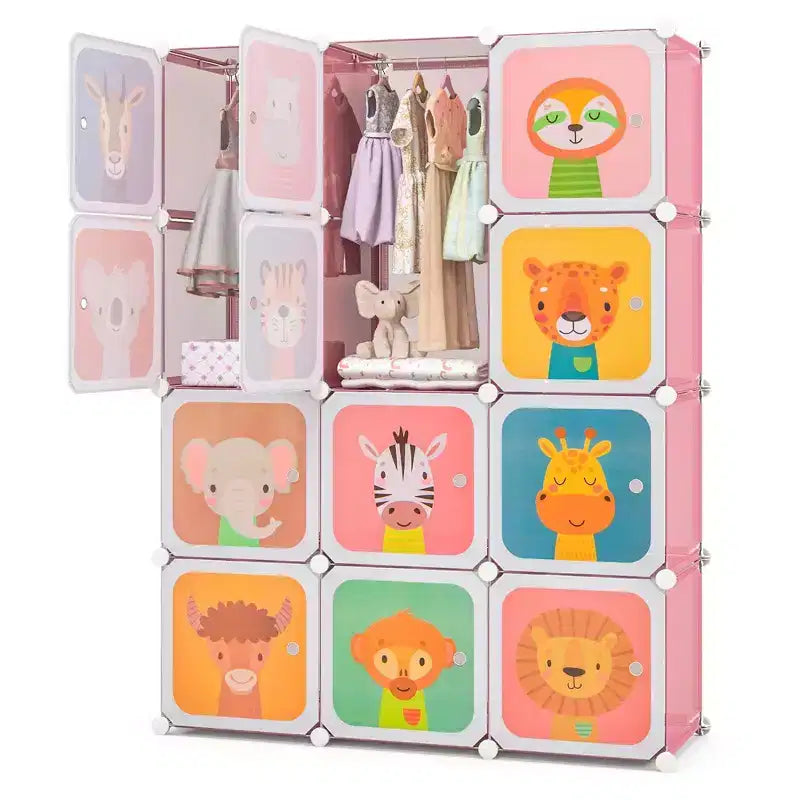Costway Armoire pour enfants à 12 cubes, Commode pour bébé, Placard de chambre à coucher avec porte, Bleu/Rose