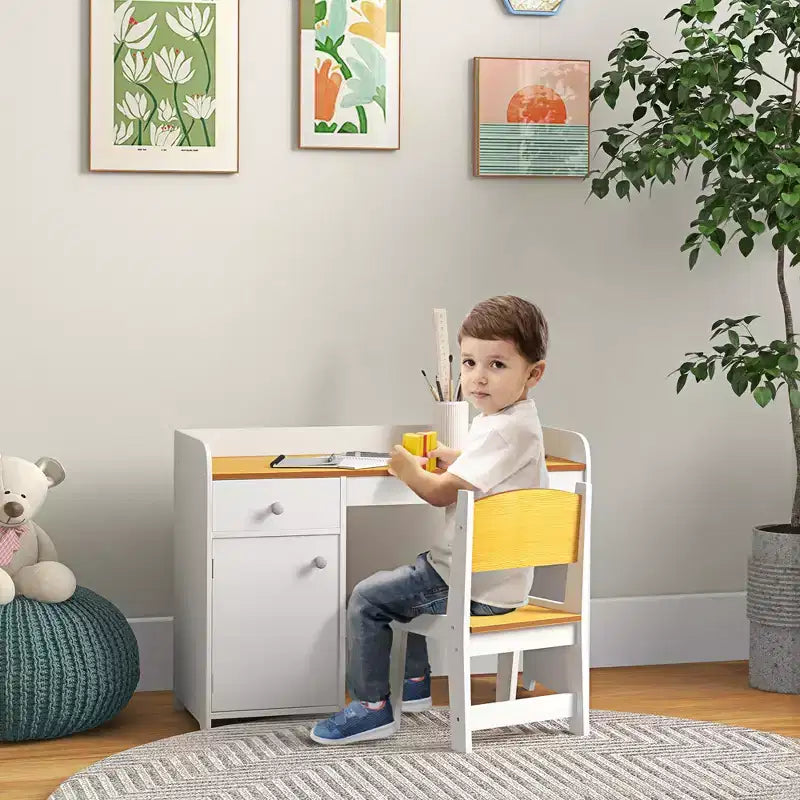 Ensemble bureau et chaise pour enfants Qaba avec tiroir de rangement, bureau d'étude avec chaise pour enfants pour activités artistiques et artisanales, goûter, école à la maison, devoirs, blanc