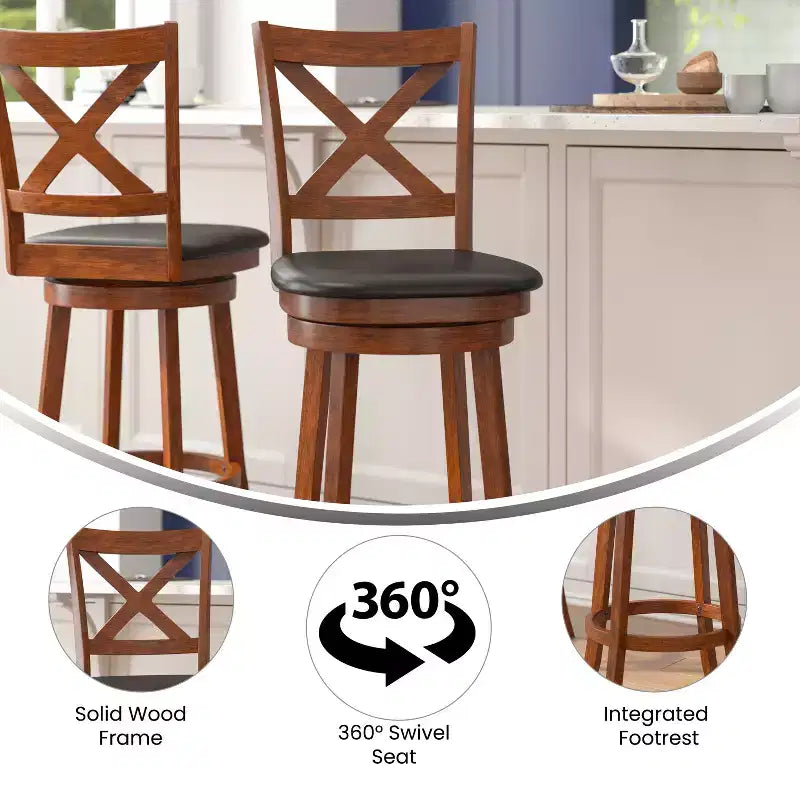 Tabouret de bar pivotant classique Felicity Commercial Grade en bois à dossier croisé avec assise rembourrée et recouverte de tissu Flash Furniture