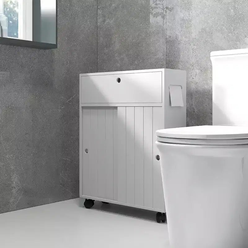 kleankin Meuble de rangement de salle de bain étroit sur roulettes, Meuble à papier toilette fin avec 2 trous, Portes coulissantes et étagère réglable, Blanc