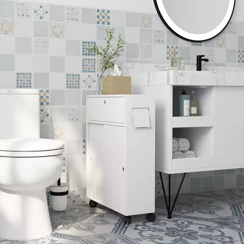 kleankin Meuble de rangement de salle de bain étroit sur roulettes, Meuble à papier toilette fin avec 2 trous, Portes coulissantes et étagère réglable, Blanc