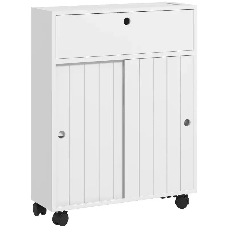 kleankin Meuble de rangement de salle de bain étroit sur roulettes, Meuble à papier toilette fin avec 2 trous, Portes coulissantes et étagère réglable, Blanc