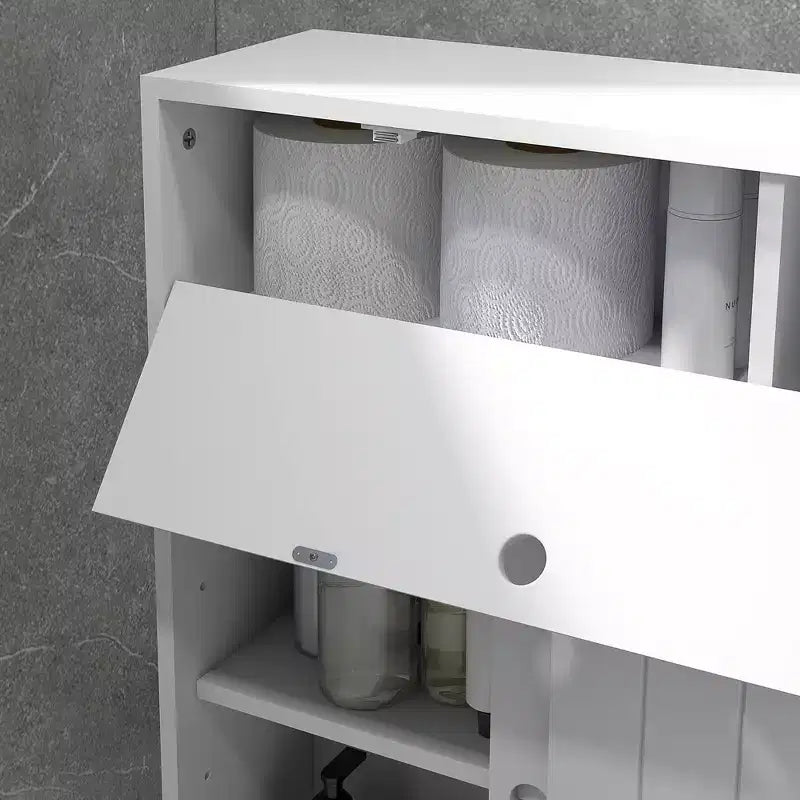 kleankin Meuble de rangement de salle de bain étroit sur roulettes, Meuble à papier toilette fin avec 2 trous, Portes coulissantes et étagère réglable, Blanc