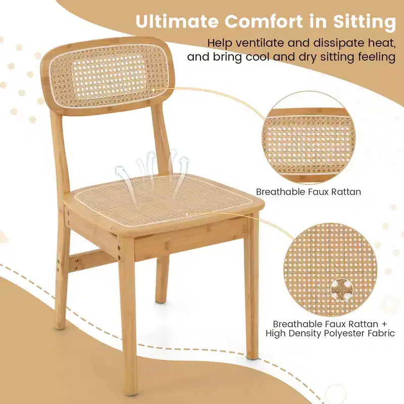 Costway Chaises d'appoint en rotin (lot de 2) avec cadre en bambou et dossier et assise en canne tressée pour salle à manger