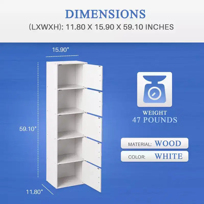 Bibliothèques minces Hodedah HID5 de haute qualité à 5 étagères pour la maison, le bureau et l'école, armoires de rangement fermées de 150 cm de haut