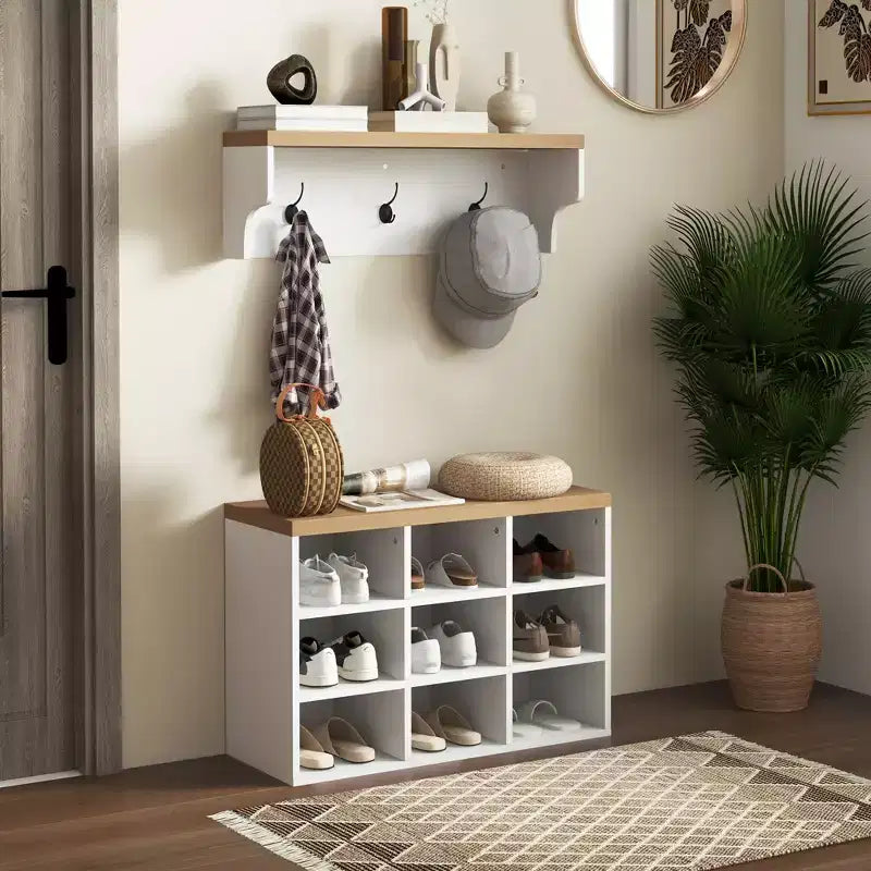 Ensemble banc à chaussures et porte-manteau HOMCOM, meuble à chaussures 9 paires avec patères pour entrée et couloir, blanc