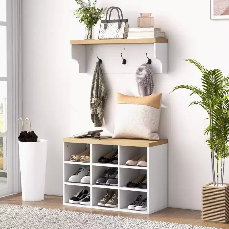 Ensemble banc à chaussures et porte-manteau HOMCOM, meuble à chaussures 9 paires avec patères pour entrée et couloir, blanc