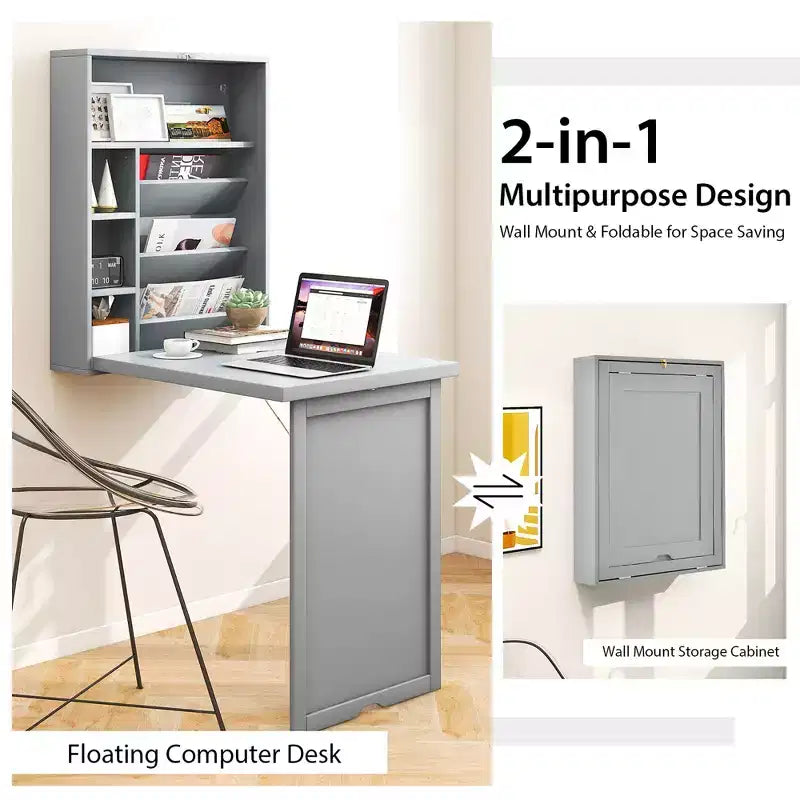 Bureau mural convertible Costway avec étagères de rangement