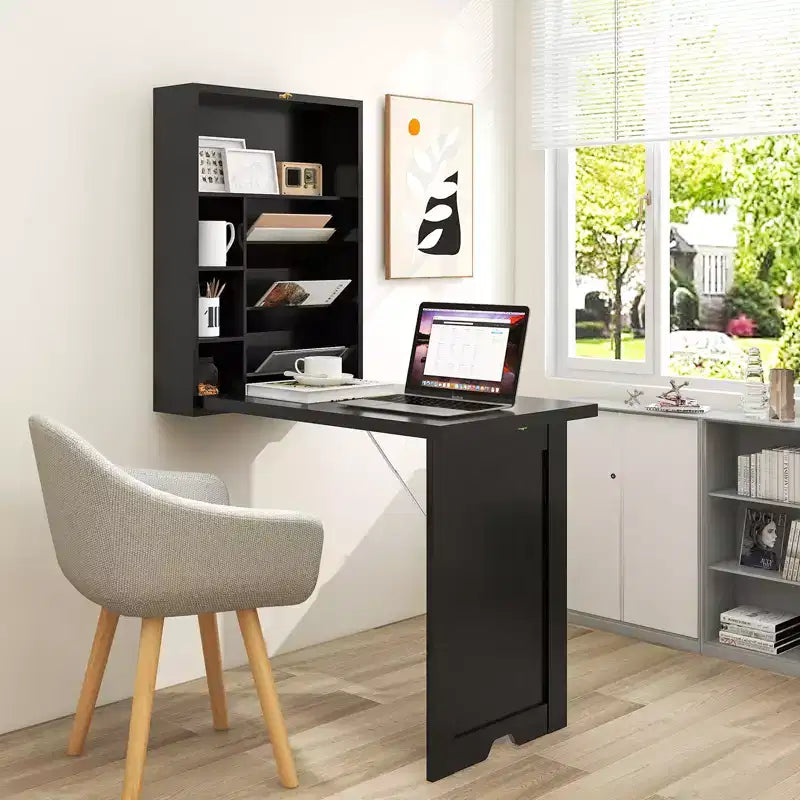 Bureau mural convertible Costway avec étagères de rangement