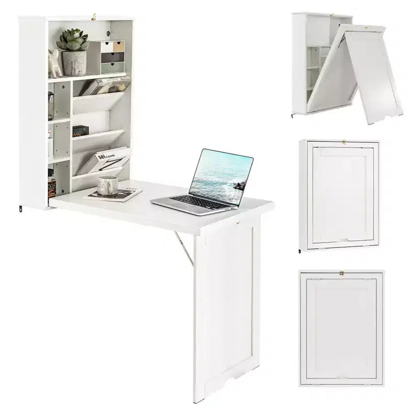 Bureau mural convertible Costway avec étagères de rangement