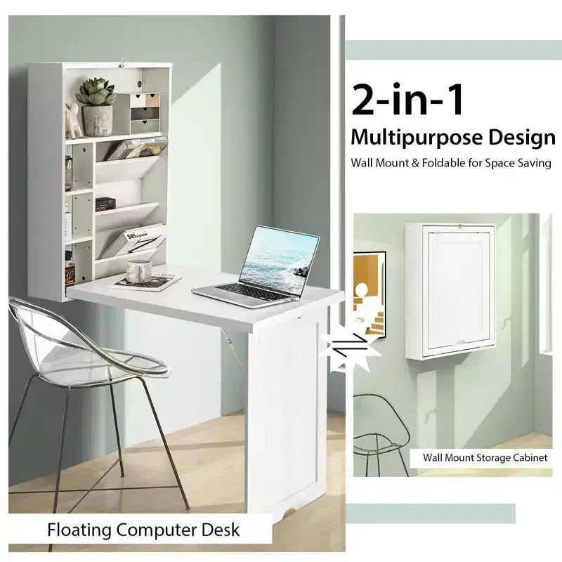 Bureau mural convertible Costway avec étagères de rangement