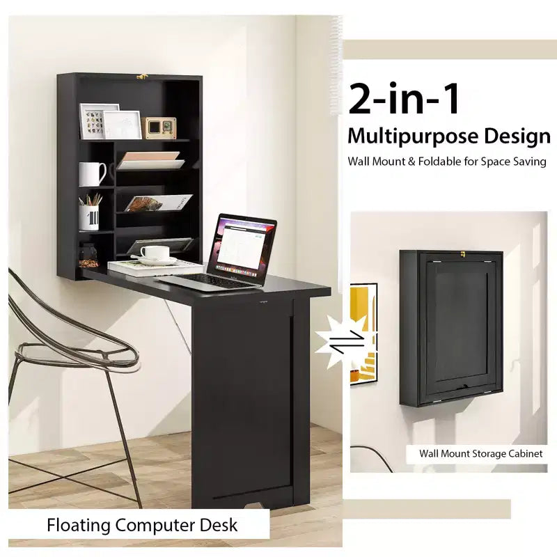 Bureau mural convertible Costway avec étagères de rangement