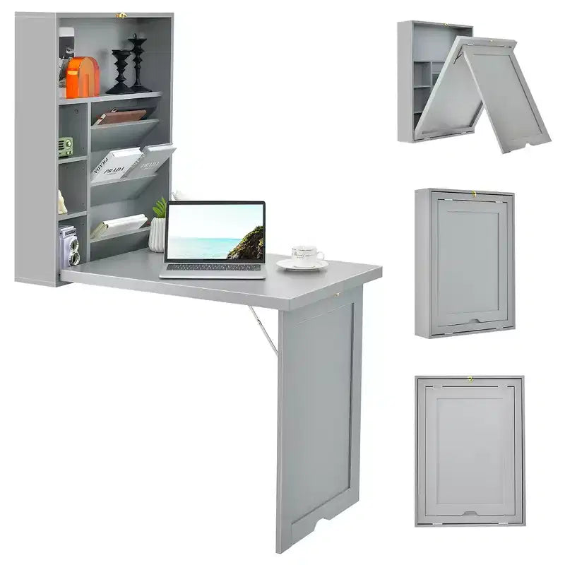 Bureau mural convertible Costway avec étagères de rangement