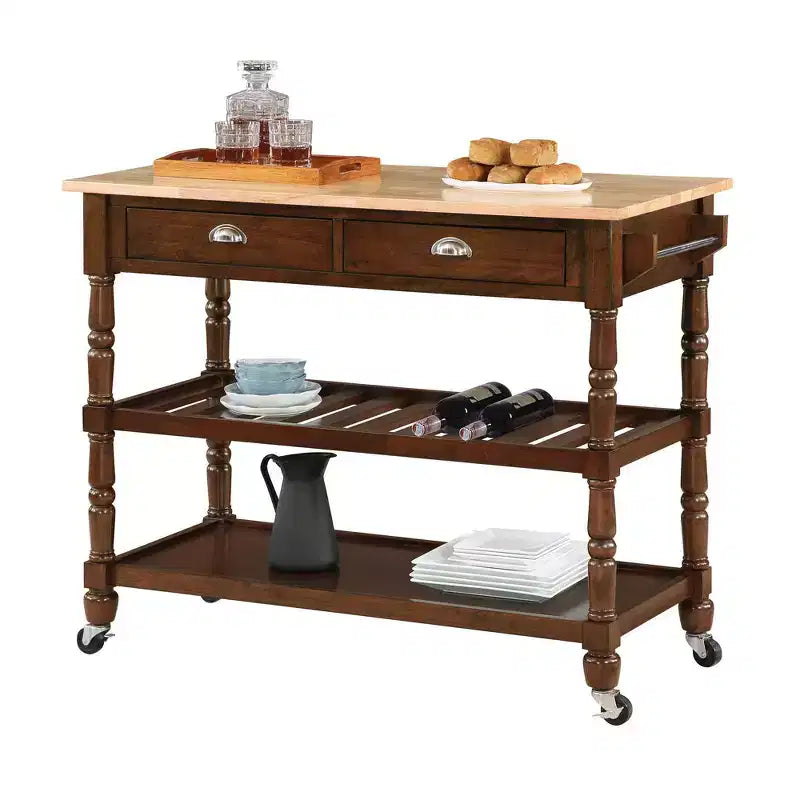 Desserte de cuisine à roulettes en bois massif 3 niveaux avec tiroirs French Country – Breighton Home