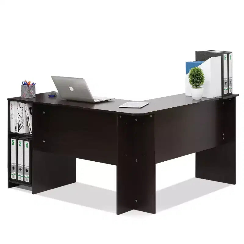 Bureau d'angle en forme de L Furinno avec étagères ouvertes, pour ordinateur, études, jeux vidéo, Espresso