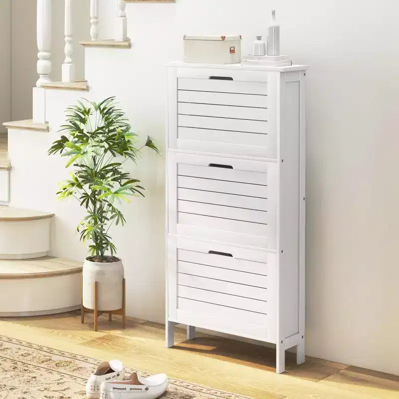 Meuble à chaussures étroit HOMCOM pour entrée avec 3 tiroirs abattants, range-chaussures fin avec portes à persiennes pour 6 paires de chaussures, blanc