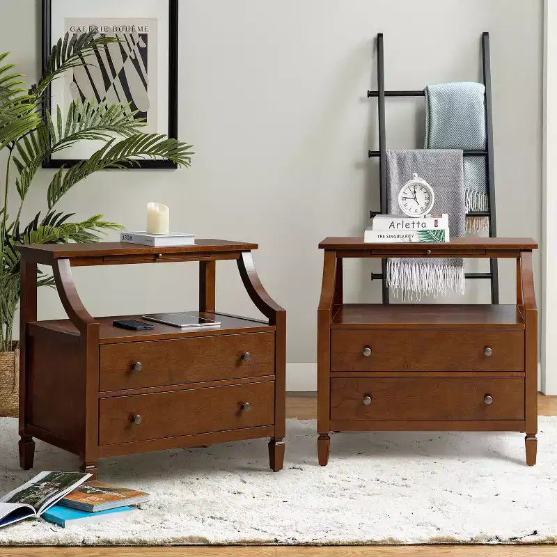 Table de chevet Bernadette Modern 2 tiroirs avec prises intégrées et plateau de rangement coulissant, lot de 2 | HULALA HOME