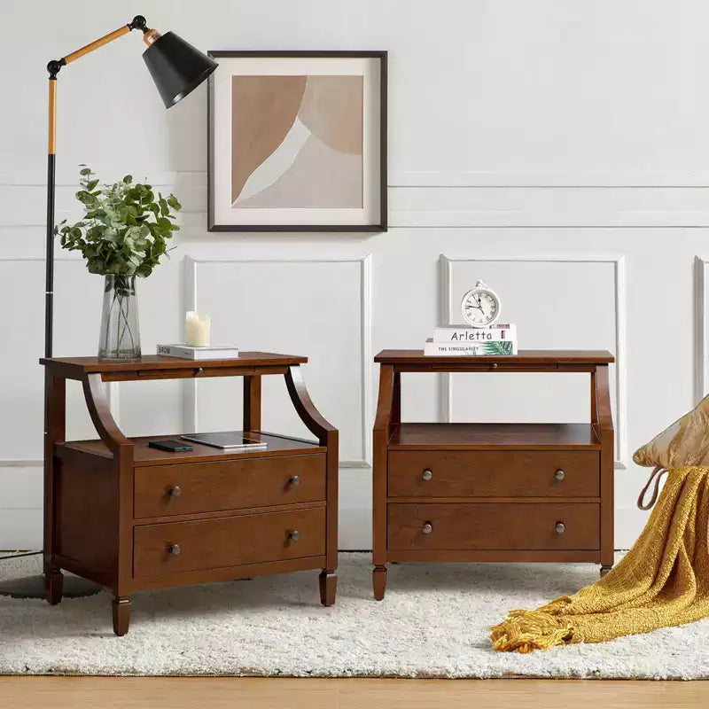 Table de chevet Bernadette Modern 2 tiroirs avec prises intégrées et plateau de rangement coulissant, lot de 2 | HULALA HOME