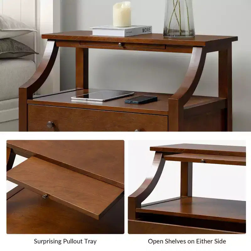 Table de chevet Bernadette Modern 2 tiroirs avec prises intégrées et plateau de rangement coulissant, lot de 2 | HULALA HOME