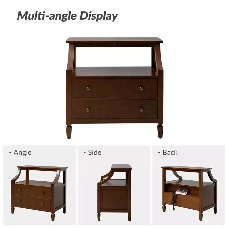 Table de chevet Bernadette Modern 2 tiroirs avec prises intégrées et plateau de rangement coulissant, lot de 2 | HULALA HOME