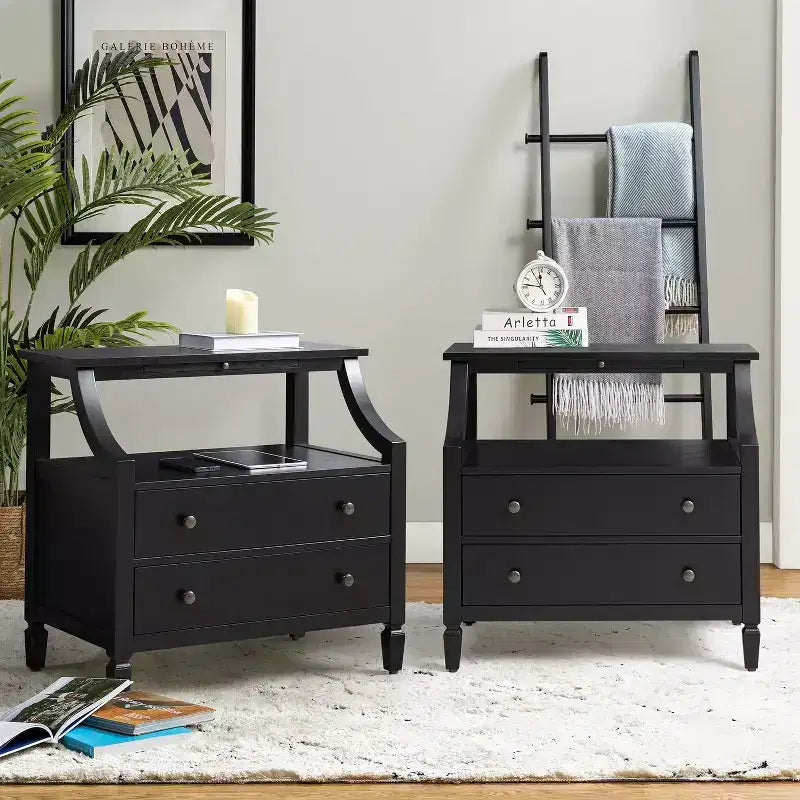 Table de chevet Bernadette Modern 2 tiroirs avec prises intégrées et plateau de rangement coulissant, lot de 2 | HULALA HOME