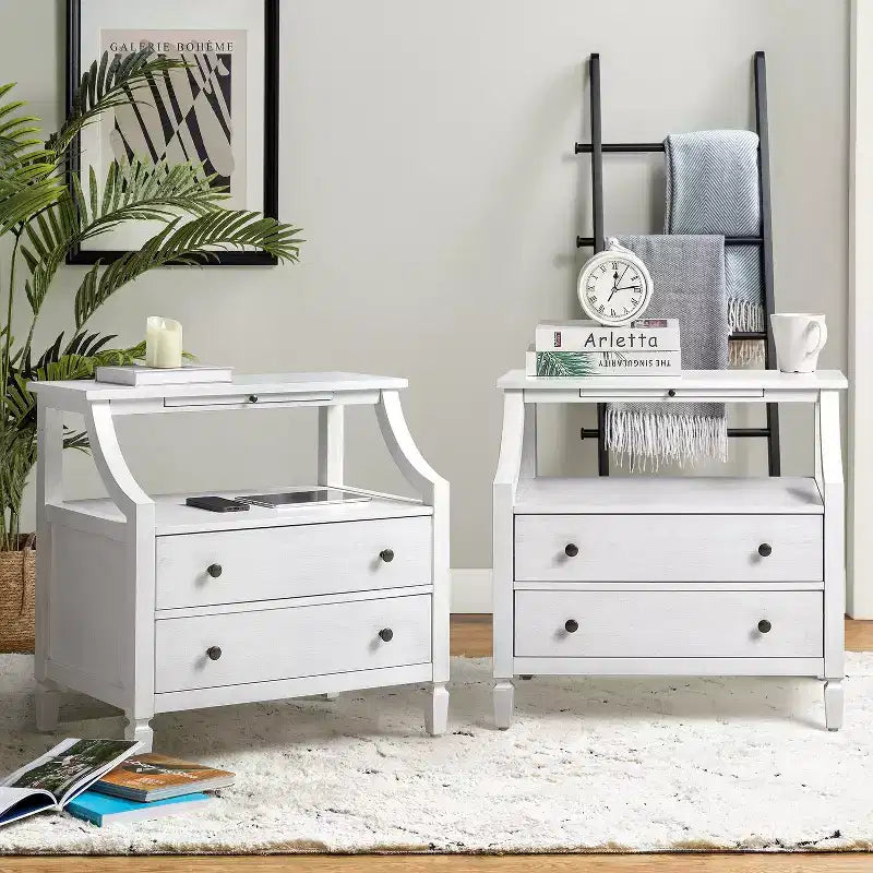 Table de chevet Bernadette Modern 2 tiroirs avec prises intégrées et plateau de rangement coulissant, lot de 2 | HULALA HOME