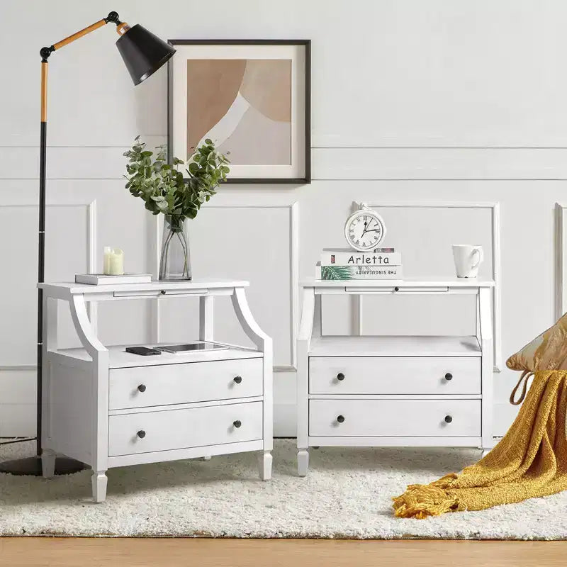 Table de chevet Bernadette Modern 2 tiroirs avec prises intégrées et plateau de rangement coulissant, lot de 2 | HULALA HOME