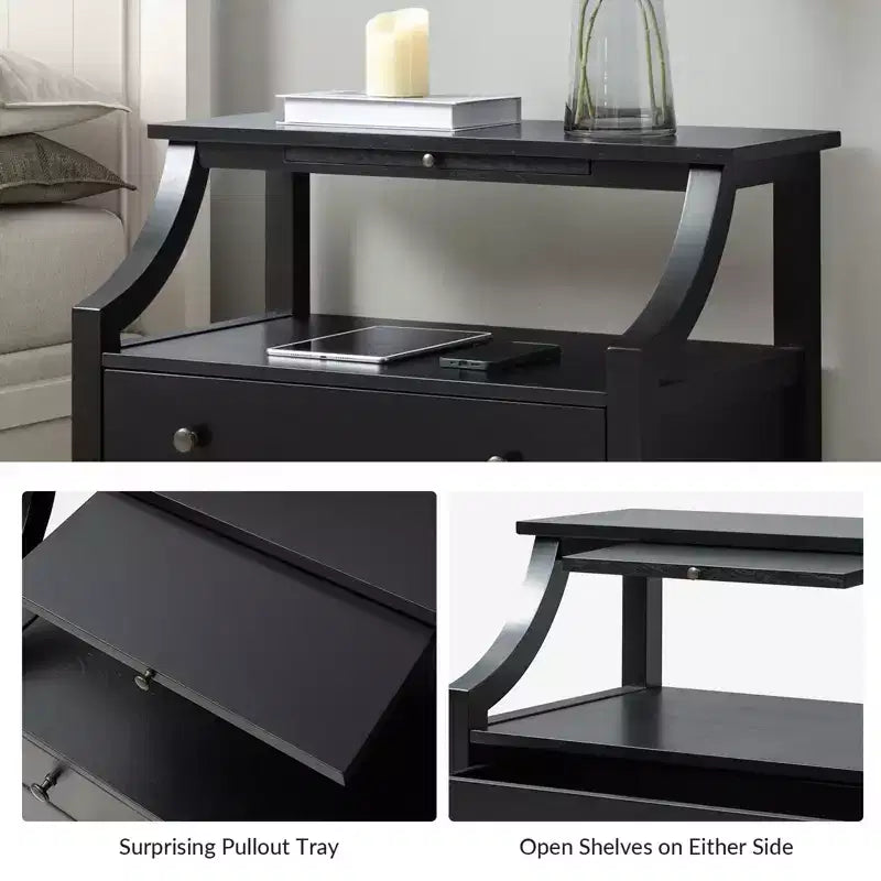 Table de chevet Bernadette Modern 2 tiroirs avec prises intégrées et plateau de rangement coulissant, lot de 2 | HULALA HOME