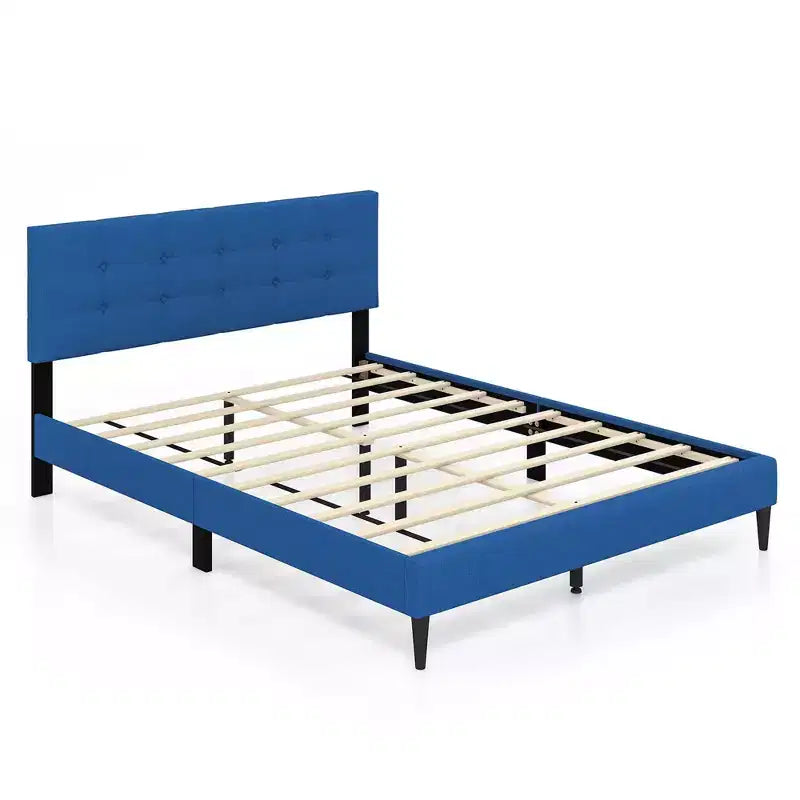 Costway Lit plateforme capitonné Queen avec sommier et tête de lit capitonnée de couleur bleue/grise