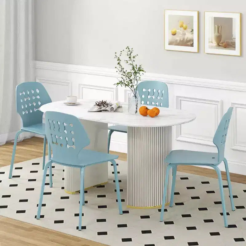 Costway Lot de 4 Chaises de Salle à Manger en Métal sans Accoudoirs, Dossier Creux et Pieds en Métal, Bleu/Blanc