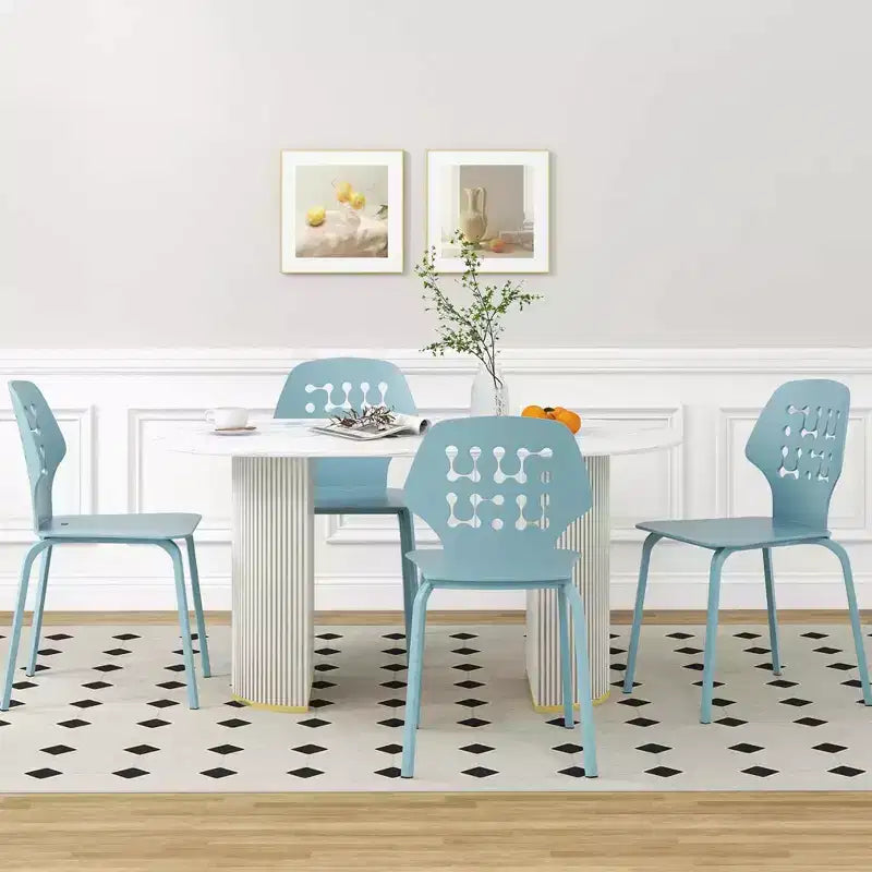 Costway Lot de 4 Chaises de Salle à Manger en Métal sans Accoudoirs, Dossier Creux et Pieds en Métal, Bleu/Blanc