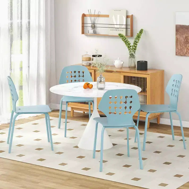Costway Lot de 4 Chaises de Salle à Manger en Métal sans Accoudoirs, Dossier Creux et Pieds en Métal, Bleu/Blanc