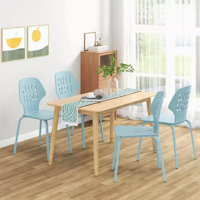 Costway Lot de 4 Chaises de Salle à Manger en Métal sans Accoudoirs, Dossier Creux et Pieds en Métal, Bleu/Blanc