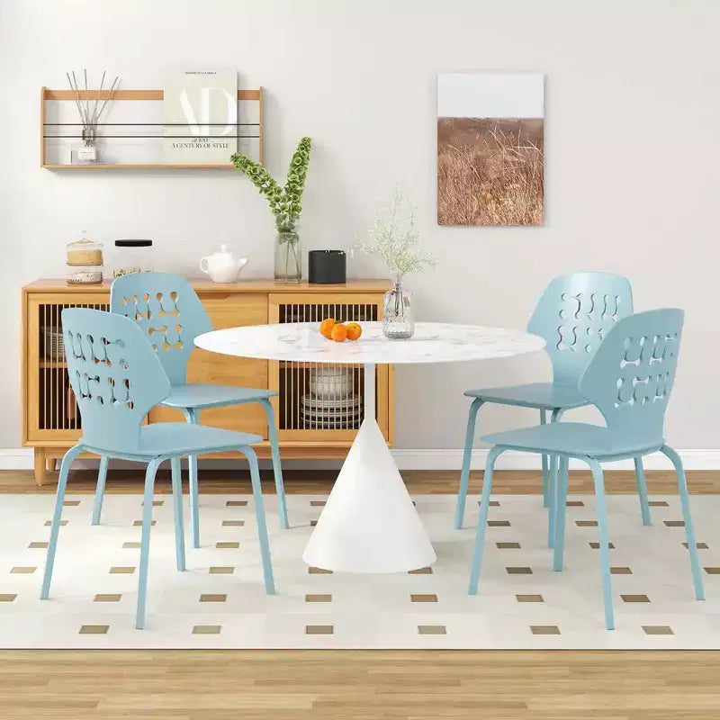 Costway Lot de 4 Chaises de Salle à Manger en Métal sans Accoudoirs, Dossier Creux et Pieds en Métal, Bleu/Blanc