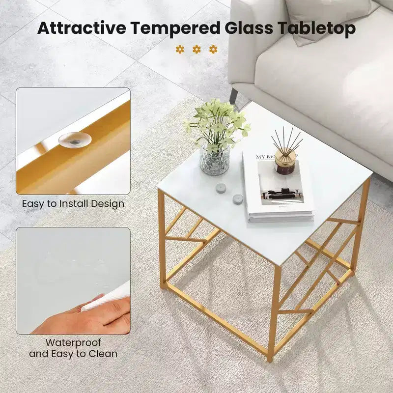 Table d'appoint Costway 19.5'' Carrée de Chevet Canapé Table Basse d'Appoint avec Plateau en Verre Trempé